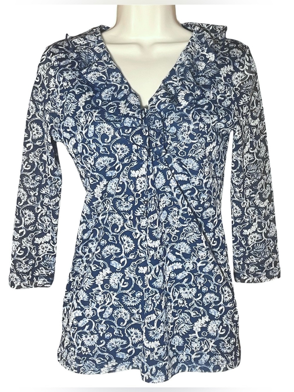 Boho Mesh Ruffle Collar Top Lace-up Floral Paisley Print Blouse Chaps M Travel
